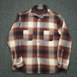 Richie Le Shirt Mens Medium Brown White Cabin Plaid Knit Overshirt Long Sleeve